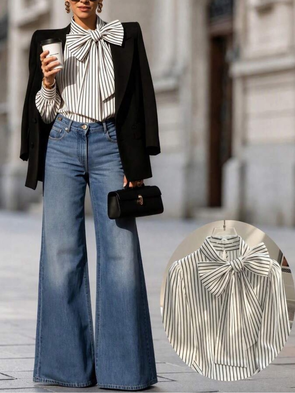 Classic Elegant Long Sleeve Striped Bow Tie Collar Office Work Blouse Shirt Top